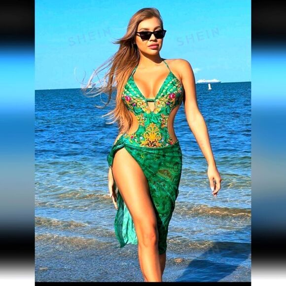 Green Floral Cutout Swimsuit - Picture 1 of 6